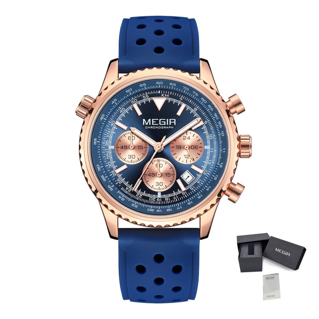 MEGIR Fashion Men Quartz Sport Chronograph Watch Luminous Calendar Large Dial Wristwatch Silicone Strap Relogio Masculino 2236