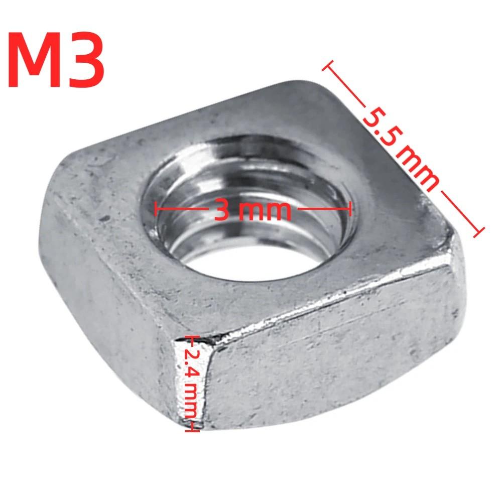 100 Pcs 304 Stainless Steel Square Nuts Metric Coarse Thread Silver Metric Nuts M3 / M4 / M5 / M6 Fastener Nuts