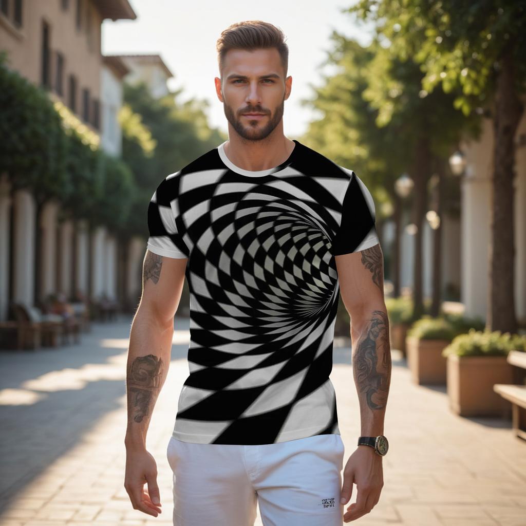 Summer Round Neck 3D Black Hole Visual Illusion Print Top Fashionable Casual Short Sleeved Men's T-shirts