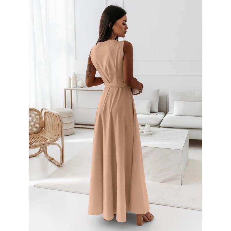 Женская мода лето весна однотонный принт без рукавов с v-образным вырезом и высокой талией повседневные платья