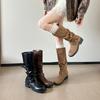 Корейские ботильоны на толстом каблуке средней высоты женские ботинки 2025 весна и осень новые пряжка ремня но выше колена плиссированные западные ботинки