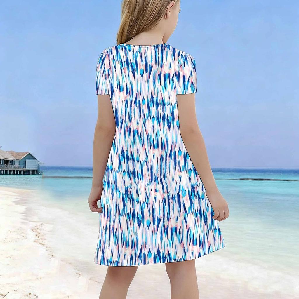 Girls Round Neck Short Sleeve Purple White Printed A Line Flared Dress