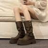 British Style Retro Belt Buckle Round Head Leather Boots Thick Heel Versatile Medium Boots Women's 2025 Autumn and Winter Temperament Martin Boots