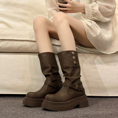 Британский стиль ретро пряжка ремня круглый носок кожаные ботинки толстый каблук универсальные полусапоги женские 2025 осень и зима темперамент ботинки Мартин