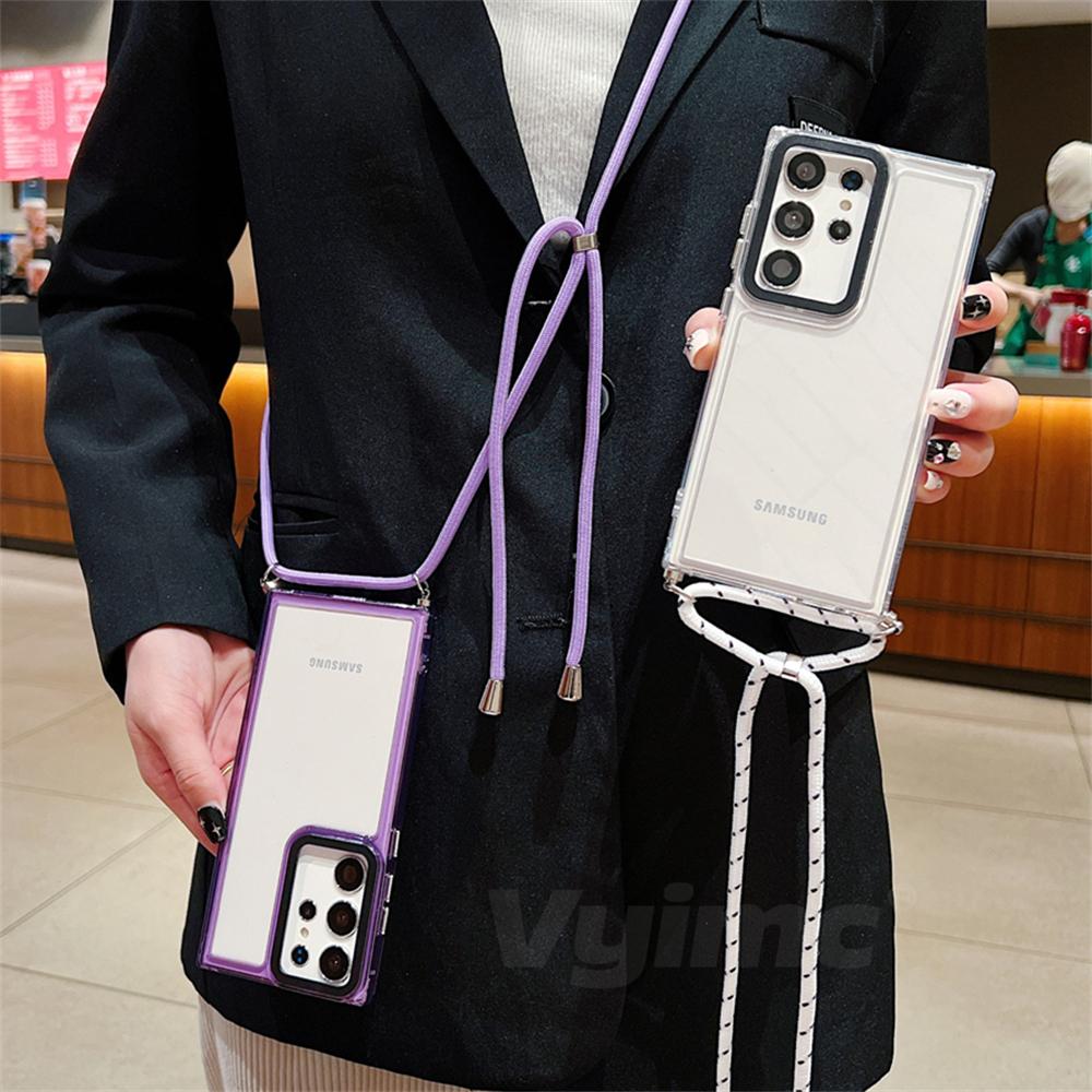 Противоударный ремешок для телефона Samsung Galaxy S24 Ultra S23 Plus S22 S21 S20 FE A24 A54 A14 ремешок через плечо прозрачный чехол