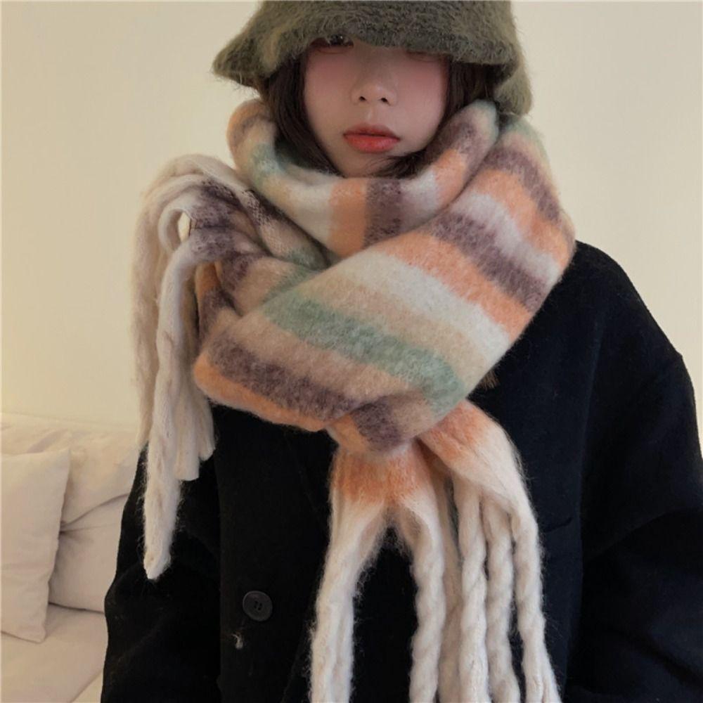 Warm Winter Cashmere Scarf Stripe Pattern Thickened Shawl Wrap New Long Tassel Scarves Women