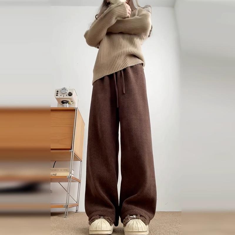 Женские широкие брюки кофейного цвета с высокой талией — универсальный вариант для весны, осени и зимы, с отделкой из бархата, свободный крой, повседневный драпированный стиль.