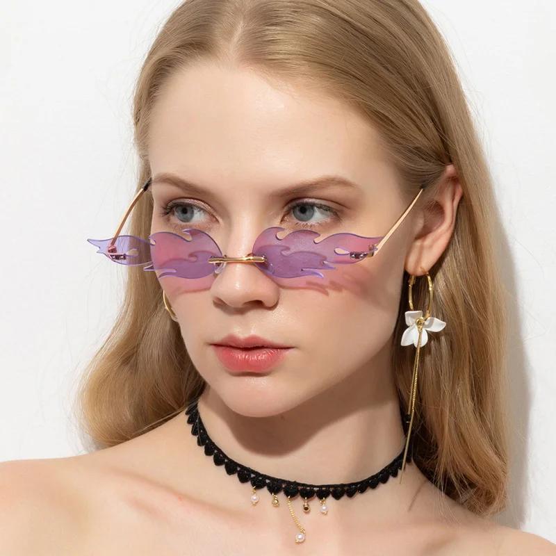 Fashion Style Oval Fire Flame Sun Glasses Woman Metal Material Rimless Sun Eyeglasses Female Small Glasses Frame Ocean Mirror Luxury Design Oculos