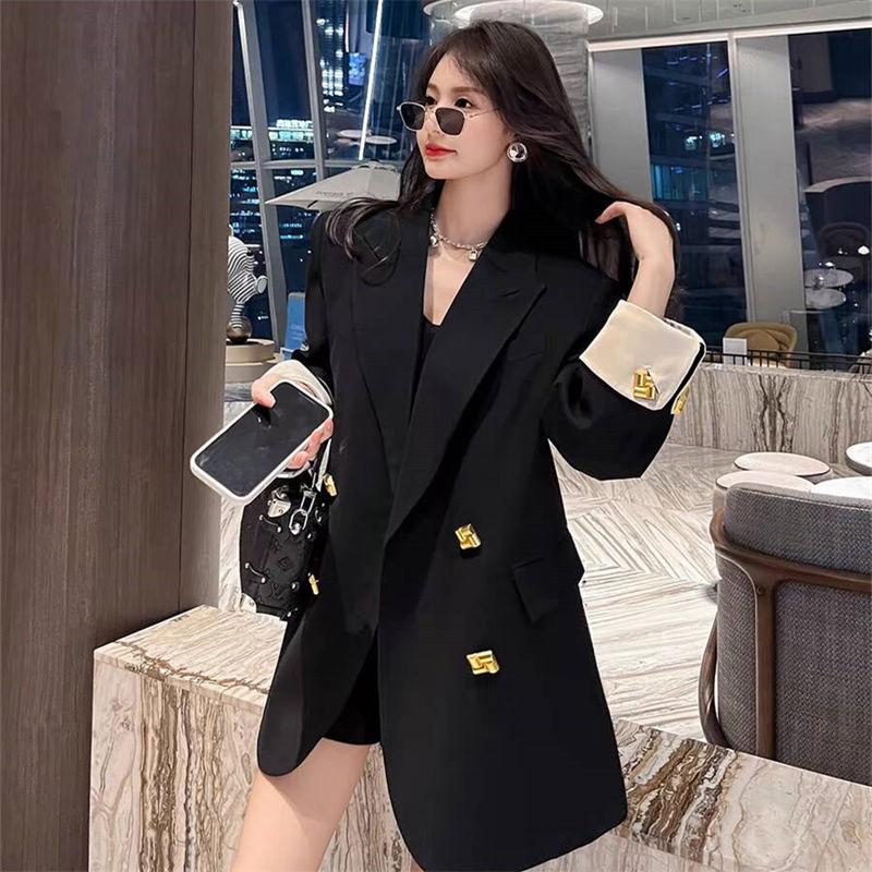 Sophisticated and Chic: Black Spring/Autumn Loose Fit Suit Jacket with Casual Elegance and Style