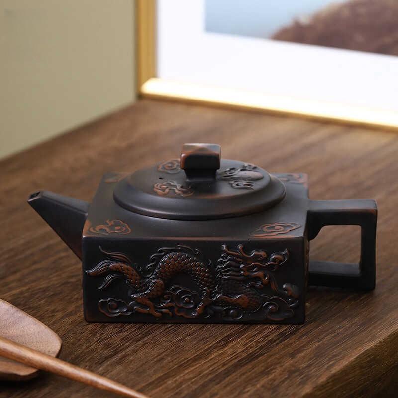Чайник с резьбой в виде дракона из фиолетовой керамики Цзяньшуй, расписанный вручную, старинный рельефный чайник, домашний чайник, чайный сервиз кунг-фу