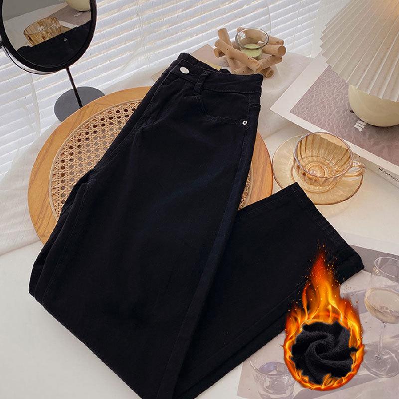 Women's High-Waist Apricot Jeans - Autumn/Winter, Plush-Lined, Loose-Fit, Carrot/Daddy Style Harem Pants, 9/10 Length