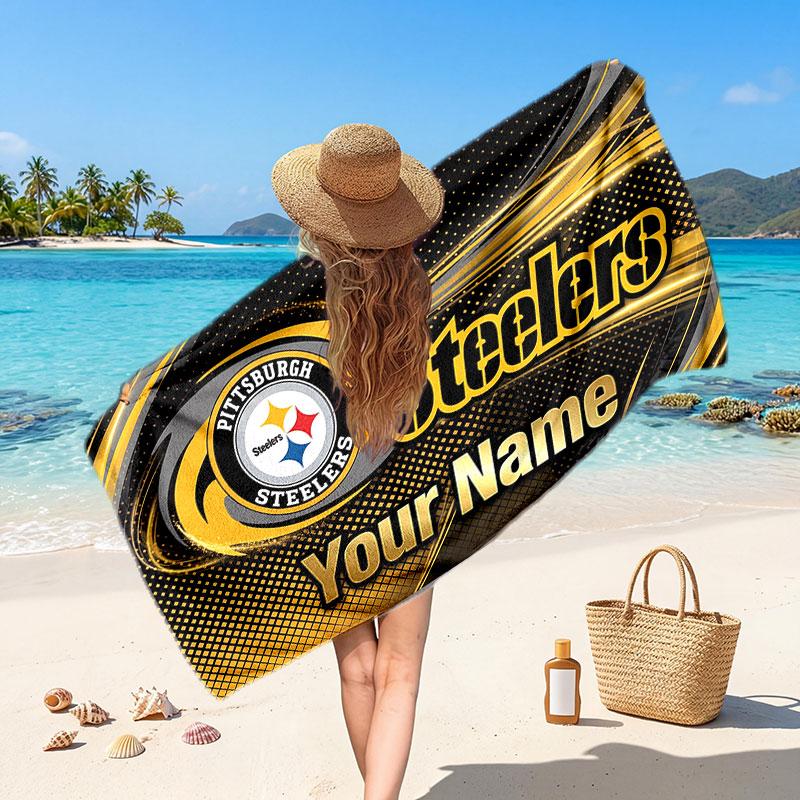 Pittsburgh Steelers Customized Name Text Beach Towel, Soft Absorbent Towel Beach Pool Travel Personal Gift