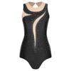 Womens Gymnastics Leotard Sleeveless Back Hollow Out Mesh Patchwork Rhinestone Bodysuit One-piece Dancewear