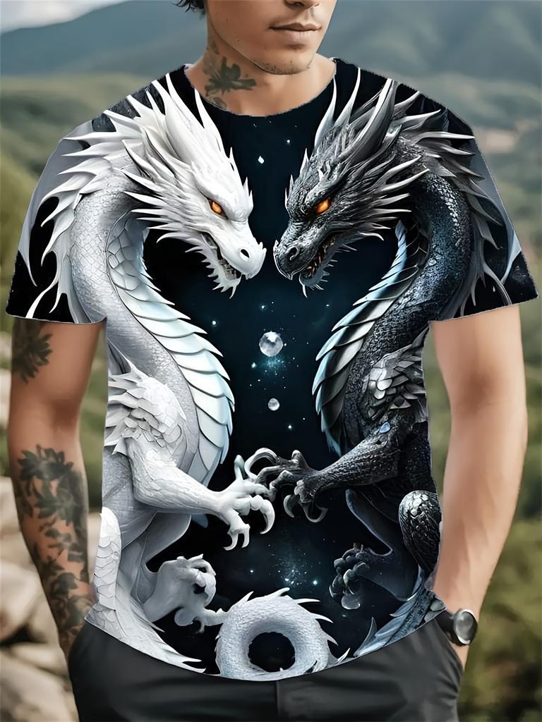 Hot Selling Fashionable and Cool Black and White Dragon Dual Male Muscle Pattern Round Neck 3D Printed Outdoor Street T-shirt