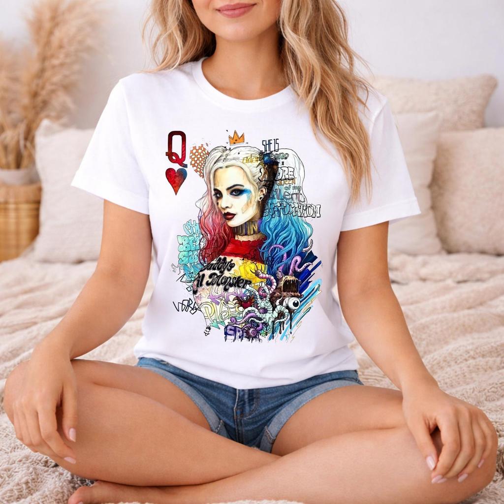 Harley Quinn Pop Art Portrait T-Shirt | Queen of Hearts Joker Vibes Tee | Comic Villain Graphic Shirt | DC Inspired Unisex Streetwear