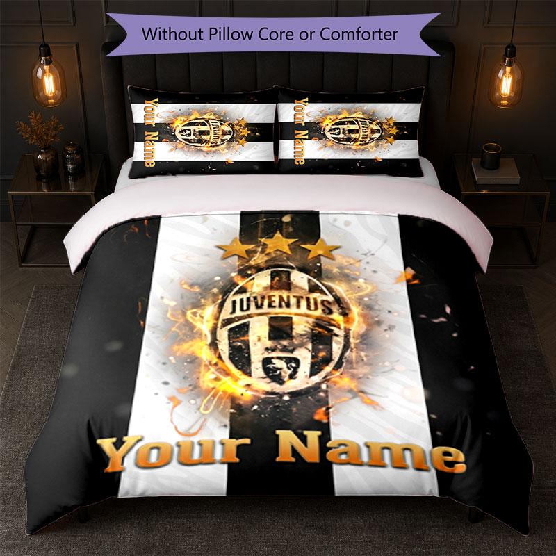Juventus FC Custom Name Text Bedding Set 1 Duvet Cover+2 Pillowcases Soccer Logo Personalized Gift For Special Occasion Bedroom Decor