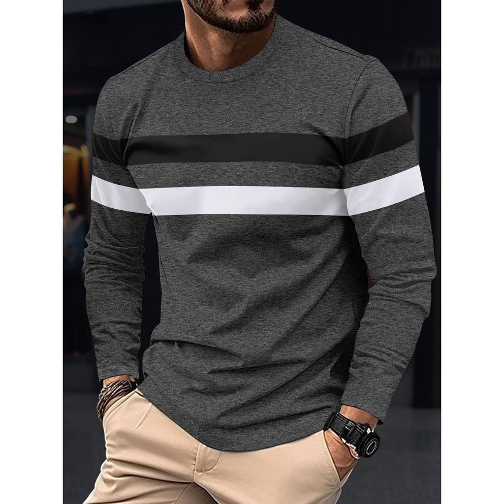 Autumn and Winter Plus Size Round Neck Long Sleeved Color Blocked Base Shirt Pullover Men's T-shirts