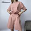 Hirsionsan Soft Cotton Sets Women 2021 New Casual Two Pieces Short Sleeve T Shirts and High Waist Shorts Solid Outfits Tracksuit