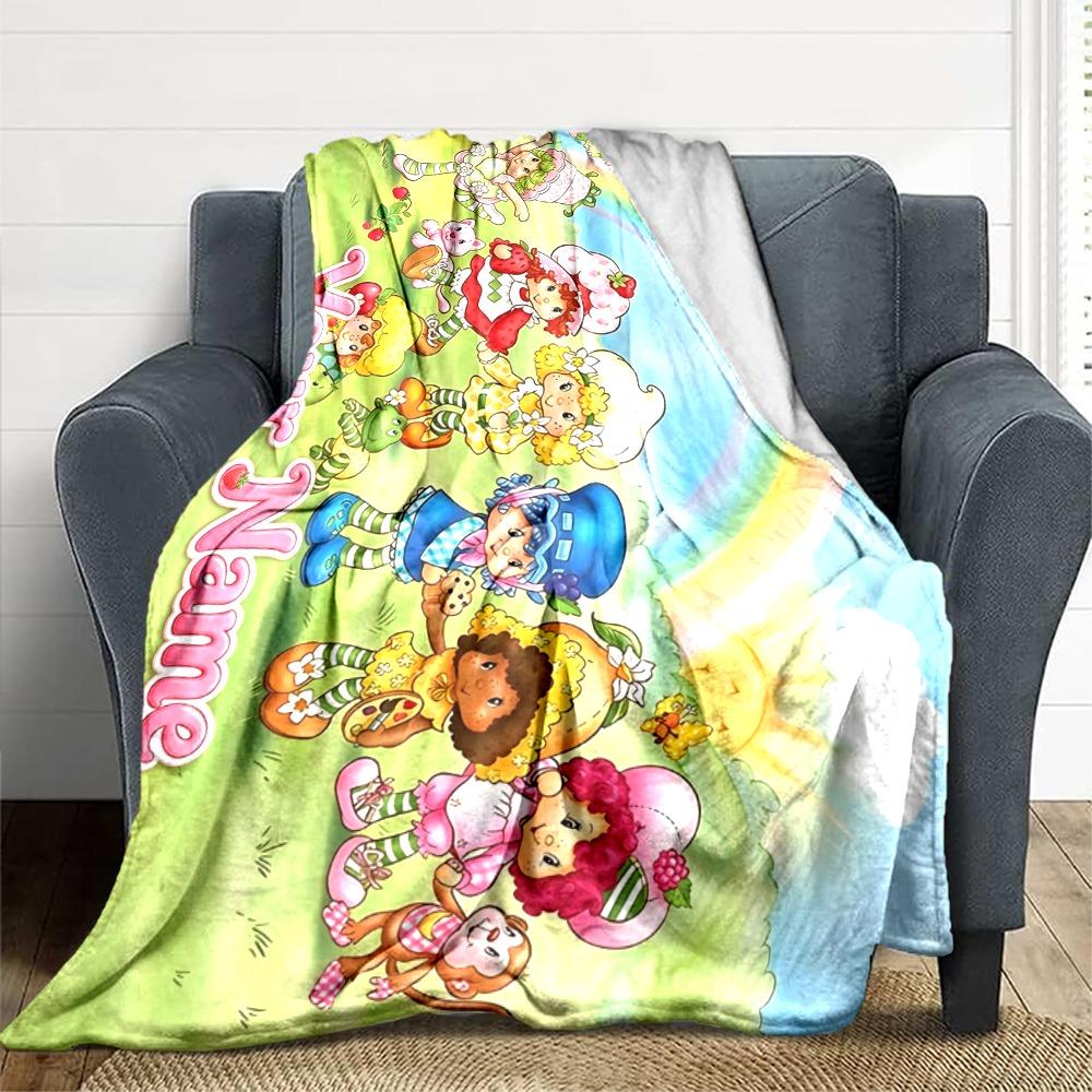 Custom 1Pc Strawberry Shortcake Friends Rainbow Fleece Flannel Blanket Soft Warm Cozy Office Throw For Bedroom Couch Travel Birthday Xmas Gift