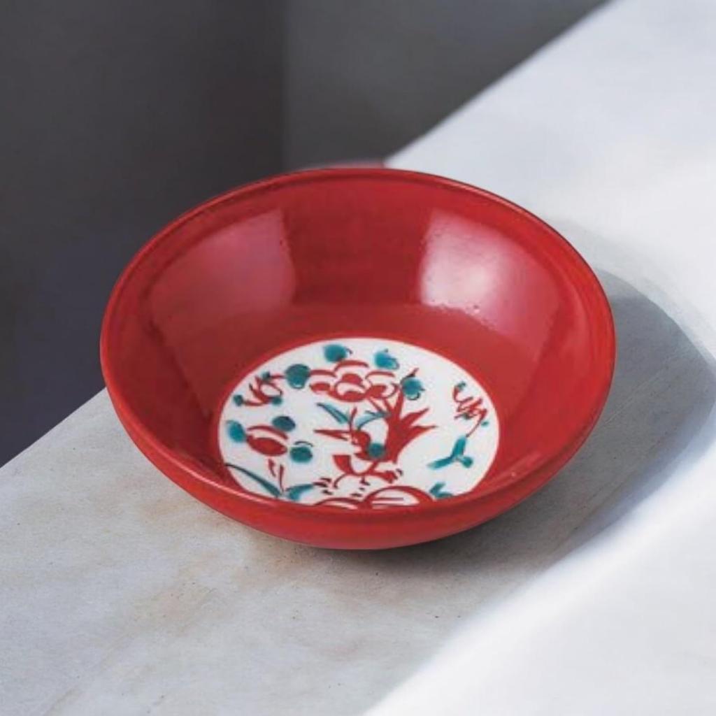 Takumifu Arita Ware 8cm Side Plate with Vermilion Flower and Bird Design, Small Sake Cup, Made In Japan