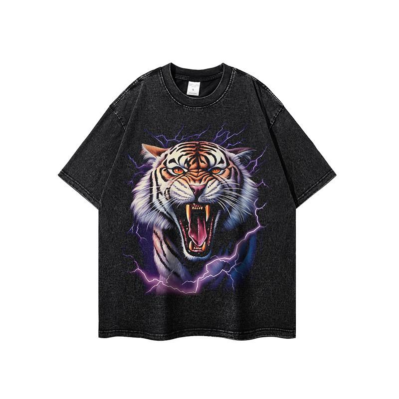 Mens Oversized Retro Tiger Print Long Sleeve Tee Cotton Heavyweight Washed Streetwear Hip Hop T-Shirt