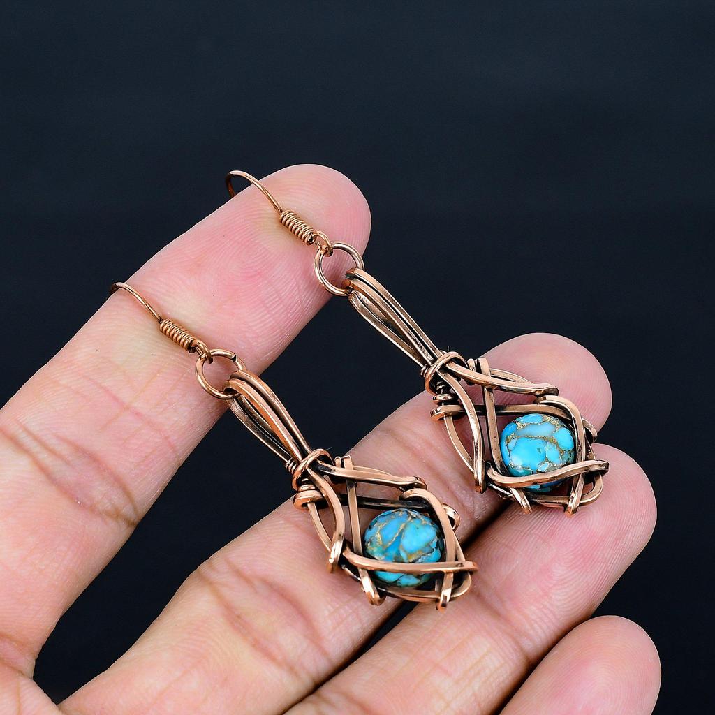 Copper Blue Turquoise Jewelry Handmade Gemstone Earrings, 999 Copper Wire Wrapped Earrings Antique Jewelry, For Engagement Gift