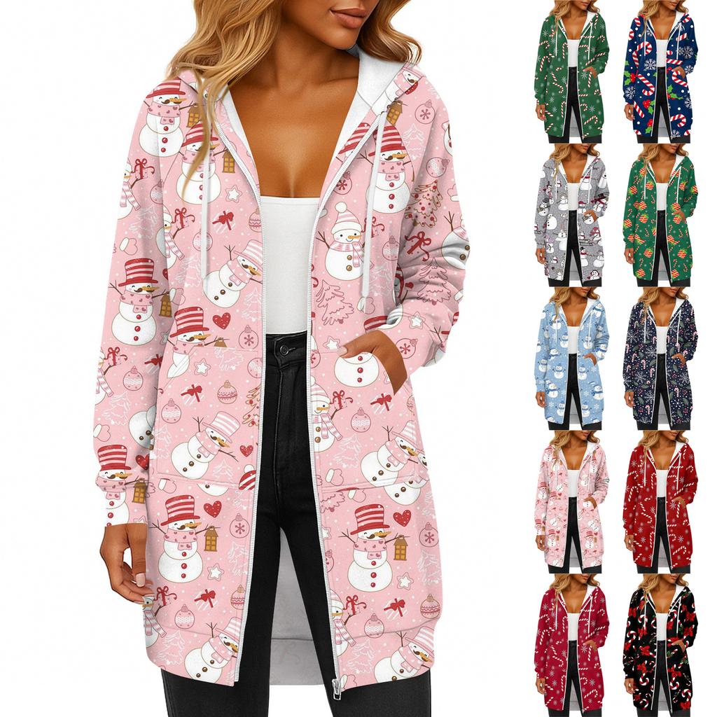 Women's Fashionable Christmas Printed Long Sleeved Drawstring Hooded Zipper Pocket Long Casual Sweatshirt Jacket