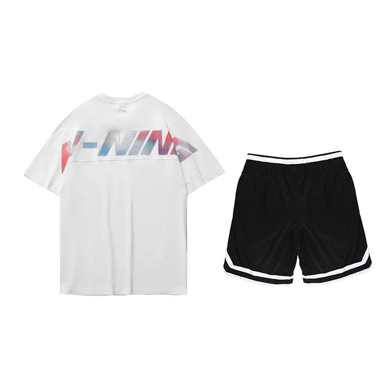 Li Ning Цветной принт с буквами Повседневный спортивный костюм с коротким рукавом Унисекс костюм Белый Черный YHSU219-1+YAPV001-1