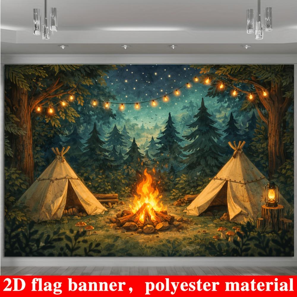 2D planar flag 2D plane - 1 piece 2D flag. Forest camping bonfire theme banner background starry night with strings