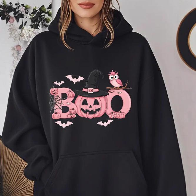 Розовая толстовка на Хэллоуин 2025 с надписью 'BOO', с длинным рукавом, свободного кроя, повседневный стиль для Европы и Америки