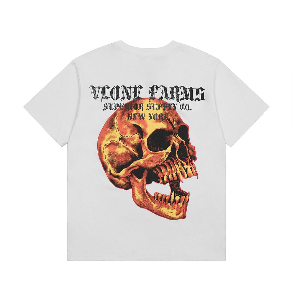 Vlone Летняя мужская и женская футболка оверсайз Farms с принтом пламени и черепа Streetwear