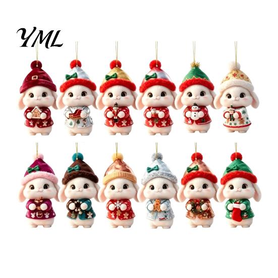 Rabbit Themed Christmas Party Supplies Bunny Wooden Ornament, 2D Flat Hanging Decor with Santa Festive Hat, Holiday Tree Pendant for Wreath Door, Home