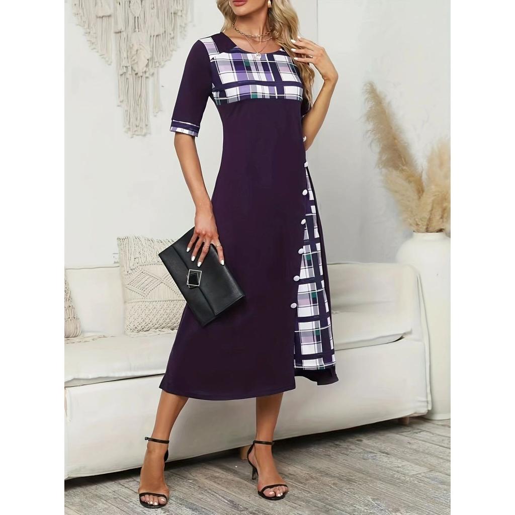 Женское винтажное длинное платье больших размеров со средним рукавом и круглым вырезом с принтом