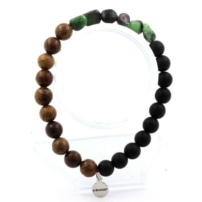 Bracelet - A Bijoux - Epidote from Myanmar - Matte Black Onyx - Wood - 19-20 Cm