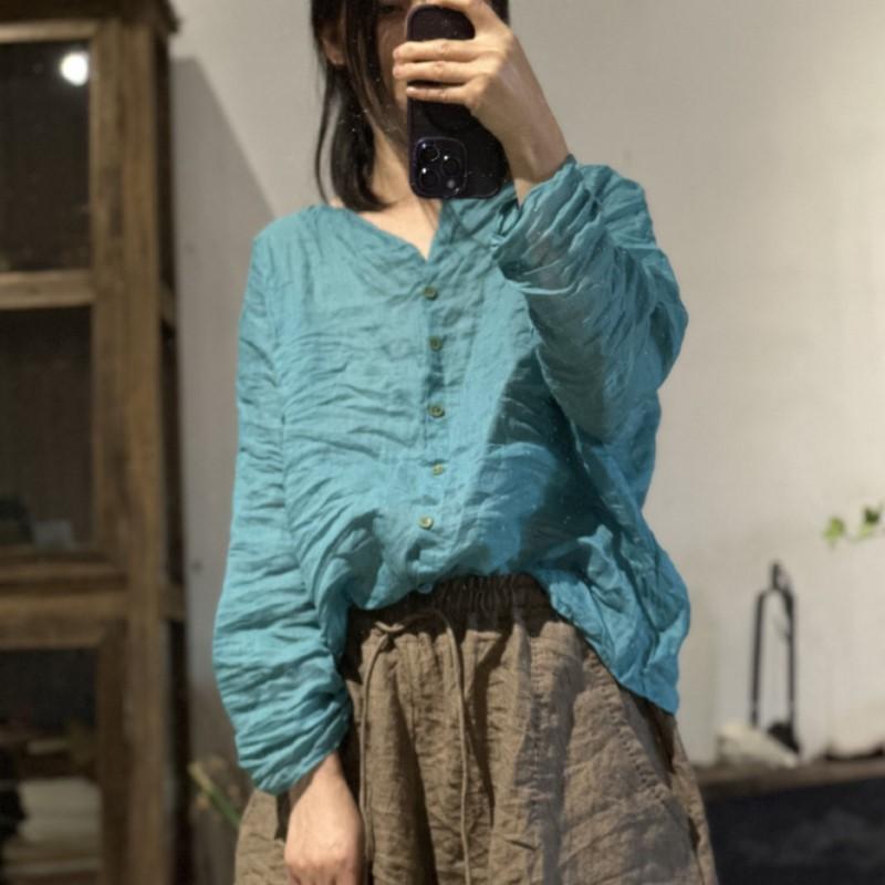 Johnature Женские винтажные рубашки рами, футболки, осенние блузки с круглым вырезом и длинными рукавами, свободные однотонные рубашки высокого качества