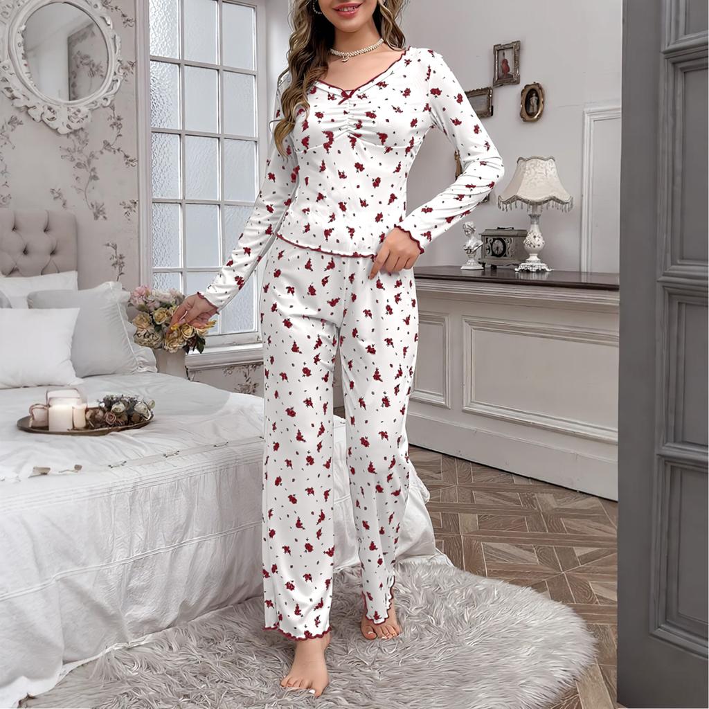 Женский костюм для сна с длинными рукавами и брюками с цветочным принтом