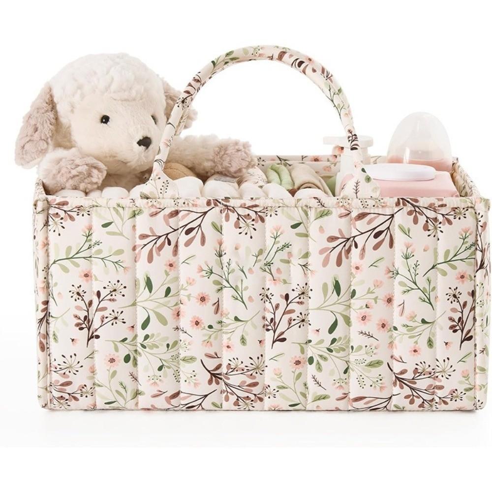Large Capacity Foldable Mommy Bag Floral Beige Diaper Storage Bag Outdoor Travel