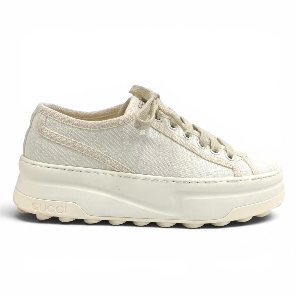 Great GUCCI sneakers tennis 1977 Platform with logo white GG canvas 36.5 746767 Used