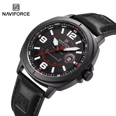 NAVIFORCE 8078 Классические черные мужские часы Роскошный ремешок из натуральной кожи Для делового мужчины Кварцевые часы Водонепроницаемый Браслет с календарем