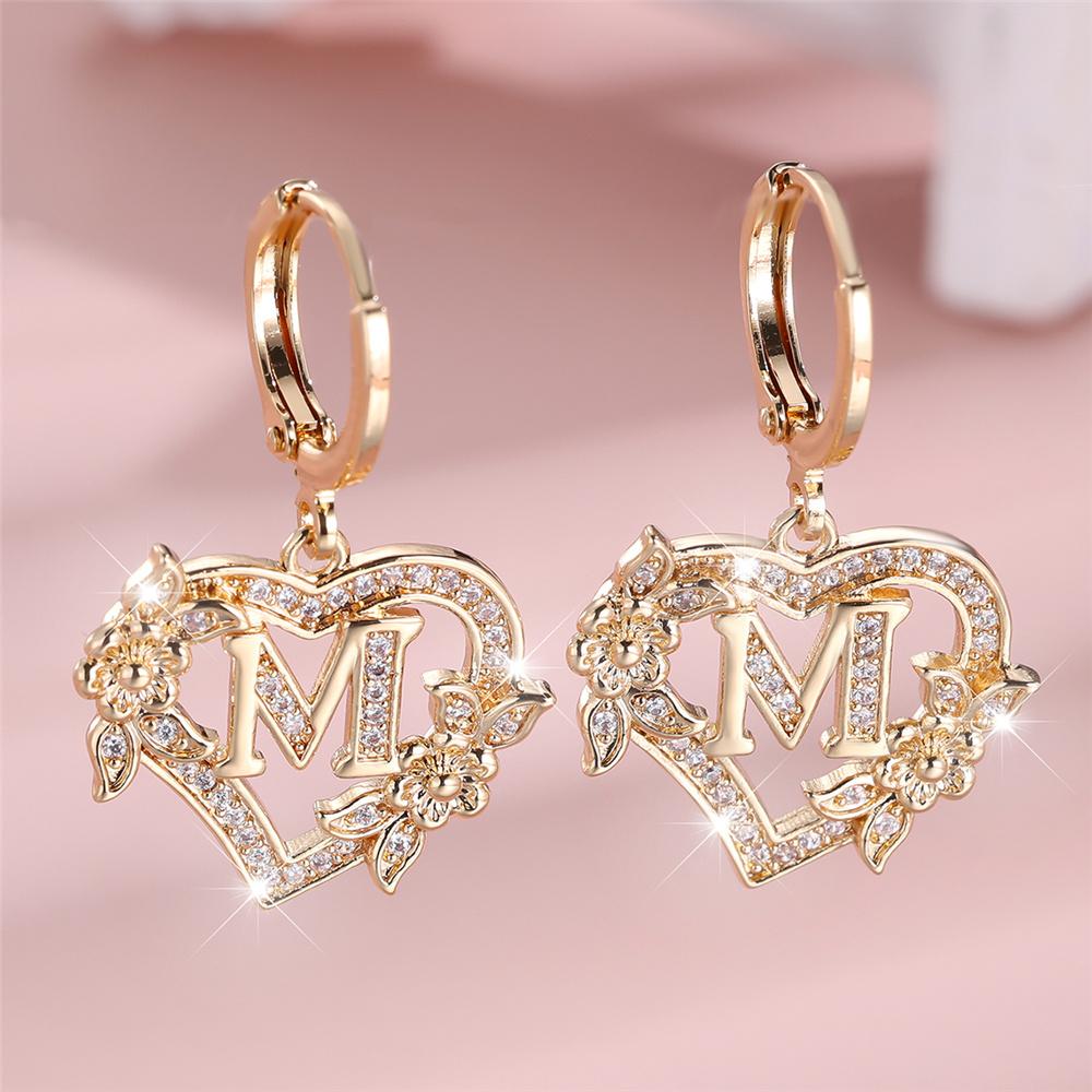 Female A-Z 26 Letter Heart Flower Hoop Earrings Yellow Gold White Zircon Wedding Jewelry For Women