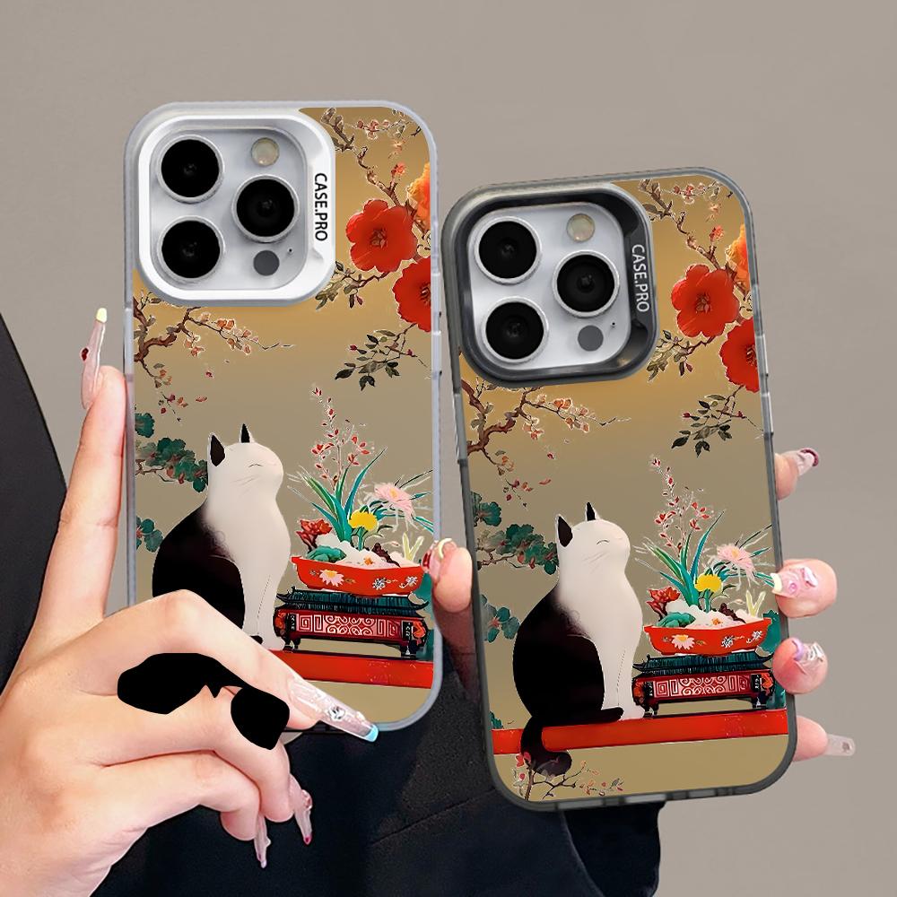 Элегантный китайский сад Кот Чернильница Чехол для iPhone 17 Air 16 E 15 14 13 12 11 Pro Max 8 Plus X IMD Цветная Серебристая Рамка Камеры