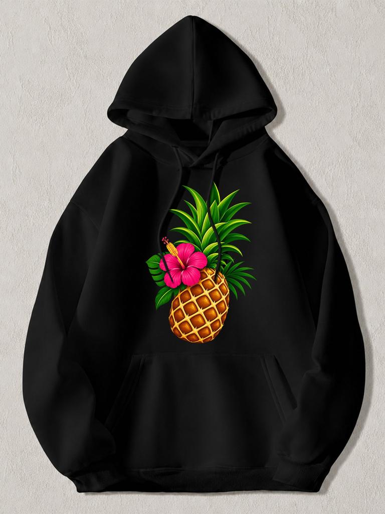 Black Pullover Hoodie with Vibrant Pineapple And Pink Hibiscus Flower Print Tropical Fruit Graphic Sweatshirt for Casual Daily Wea