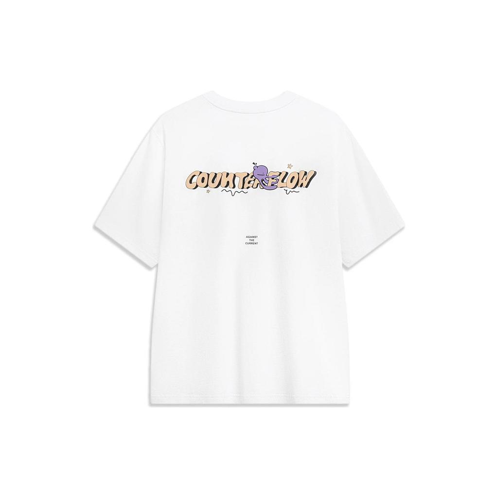 Li Ning CF Su Series Cartoonish Letter Print Loose Short Sleeve T-Shirt Unisex Tops Standard-White AHST861-2