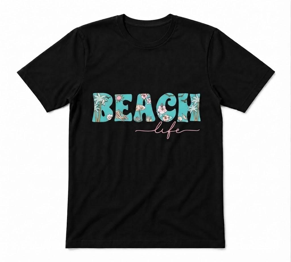 Beach Life Summer Vibes Coastal Beach Graphic Tee Black T-shirt