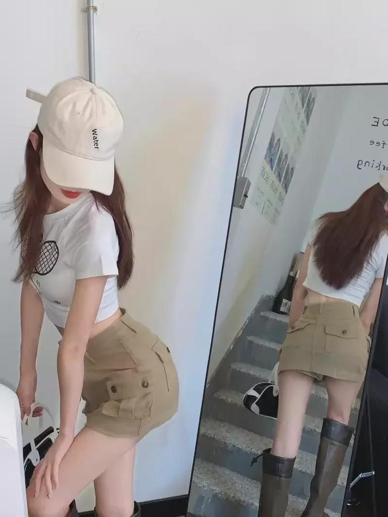 Юбка А-силуэта из денима цвета хаки с высокой посадкой - Ретро американский стиль для женщин