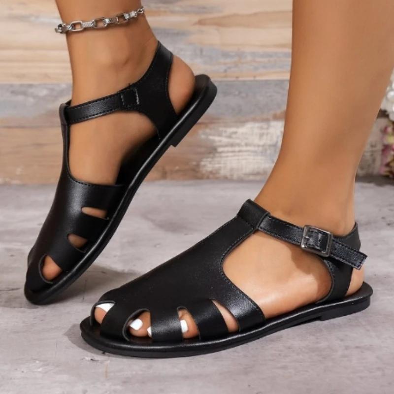 Распродажа женской обуви 2024 года, женские сандалии с закрытым носком, летние повседневные сандалии, женские туфли на плоской подошве с полой пряжкой и ремешком для отдыха на открытом воздухе для женщин