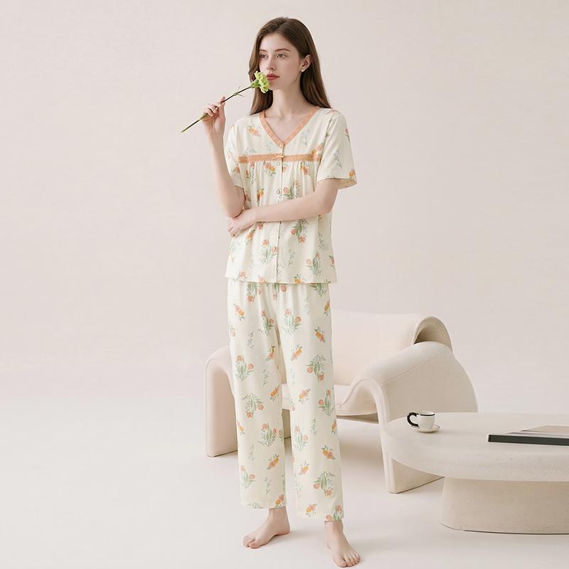 Fenteng 100% Cotton Antibacterial and Mite-proof Women's Home Clothes Pajama Set with Lace Flower Thin Edition