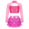 Girls Dance Outfit Long Sleeve Cutout Crop Top with Sparkling Sequins Tiered Ruffle Skirted Shorts