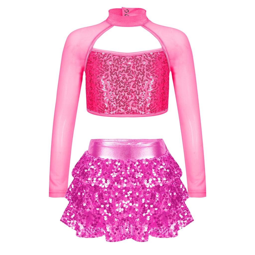 Girls Dance Outfit Long Sleeve Cutout Crop Top with Sparkling Sequins Tiered Ruffle Skirted Shorts