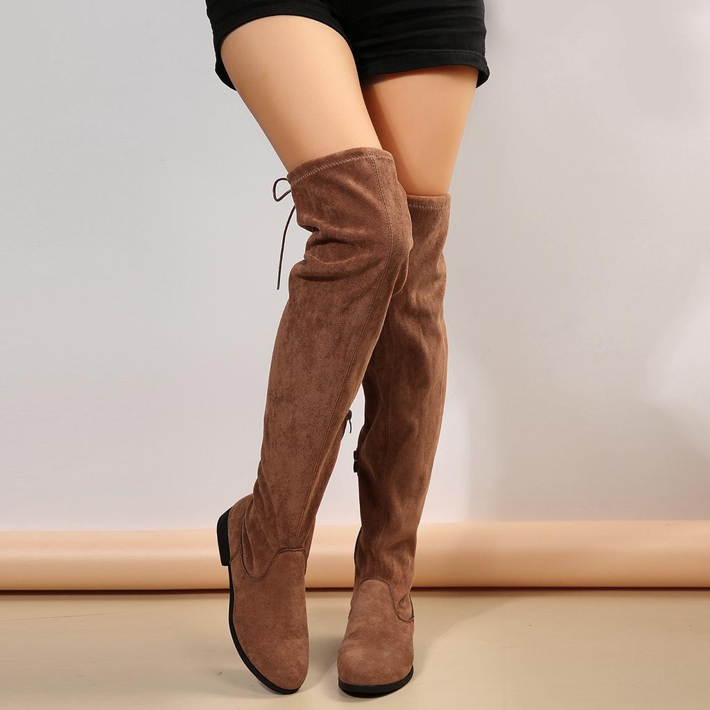 Faux Suede Female Heels Autumn/ Winter Zipper Elastic Knee-high Boots for Women Tube Lace-up Thigh Boots Black Botas
